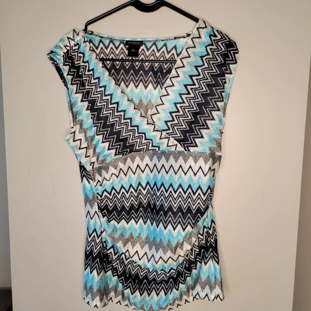 Ann Taylor Open Front Cardigan Blue Chevron Knit Sweater Women’s M Boho - Picture 1 of 5